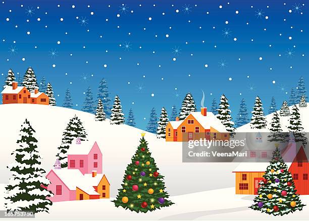 christmas night landscape - cartoon house stock illustrations