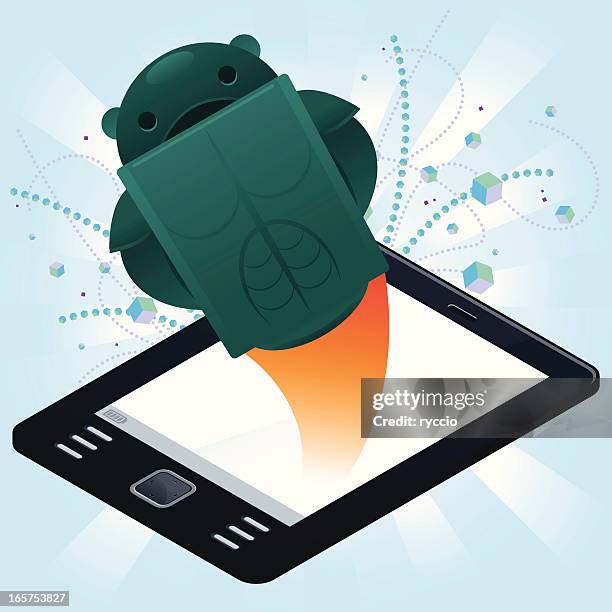 robot on ebook reader - virtual exercise stock illustrations