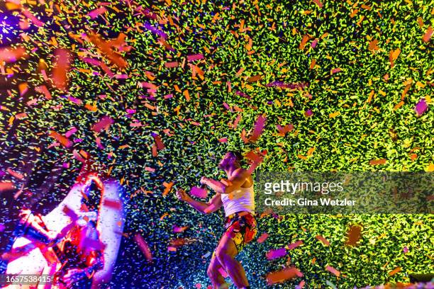 Singer Dan Reynolds of Imagine Dragons performs live on stage during day 2 of Lollapalooza Berlin 2023 at Olympiapark on September 10, 2023 in...