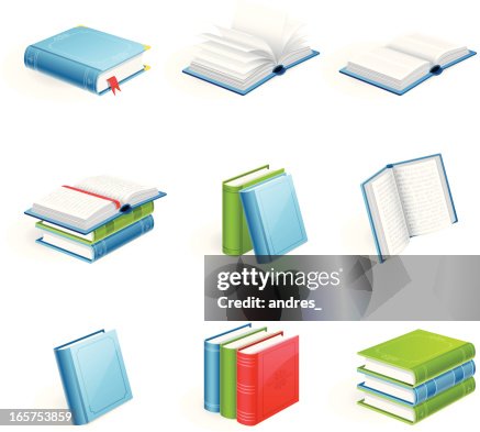 Books: closed, opened, arranged in a row or stack Books: closed, opened, arranged in a row or stack