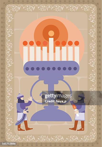 hanukkah illustration with candlestick and maccabees - maccabi stock illustrations