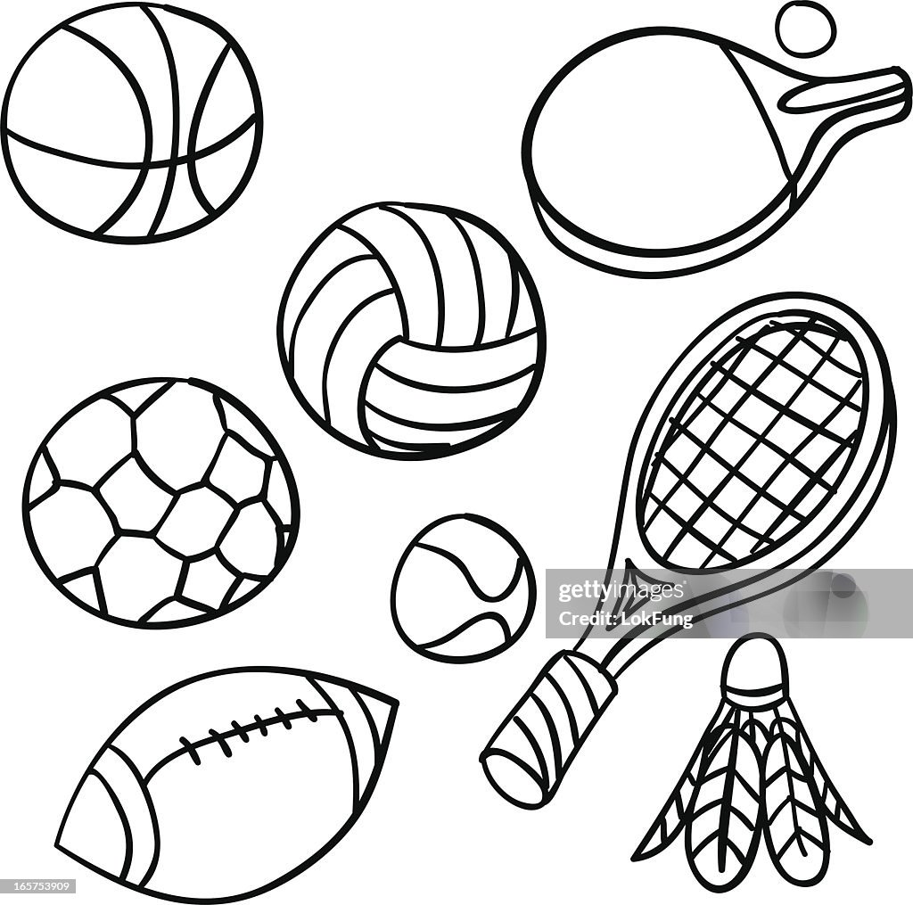 Sports equipment collection in Black and White