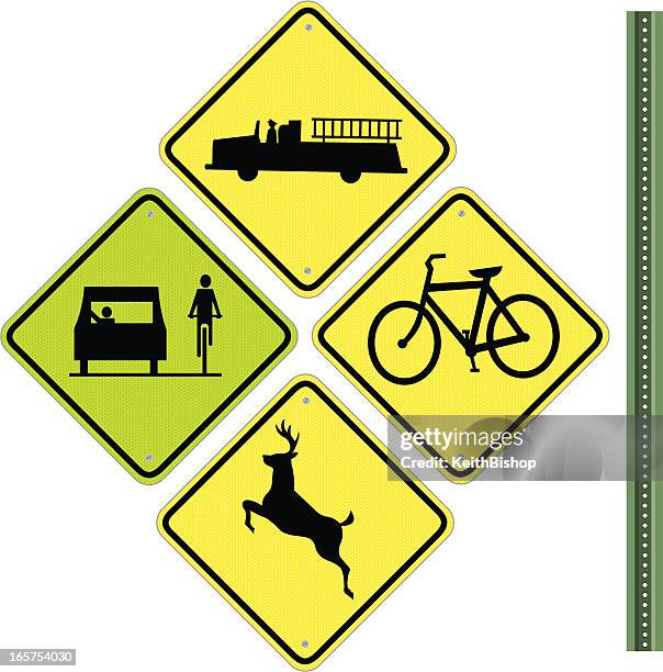 road signs - fire station, deer and bike - bicycle lane stock illustrations