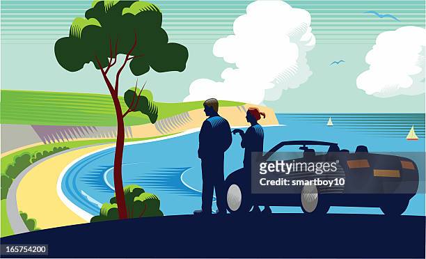illustrations, cliparts, dessins animés et icônes de coastal scène avec voiture - rural scene