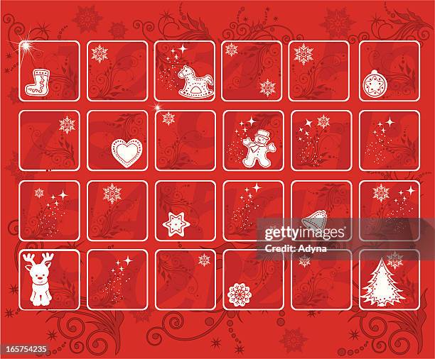 red holiday advent calendar with christmas icons throughout - advent stock illustrations