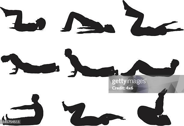 men and women yoga stretching sit ups - lying on back exercise stock illustrations