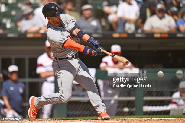 Carson Kelly of the Detroit Tigers hits a two-run double in the second inning off Michael Kopech of the Chicago White Sox at Guaranteed Rate Field on...