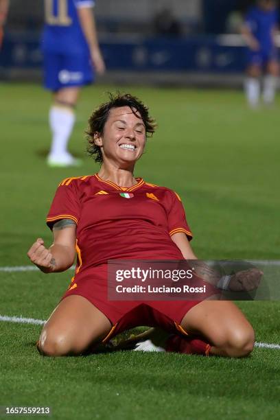 Roma player Valentina Giacinti celebrates during the friendly match between Chelsea FC Women v AS Roma at Kingsmeadow on September 03, 2023 in...