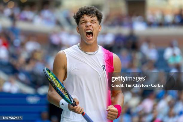 September 3: Ben Shelton of the United States celebrates a point during his four-set victory against Tommy Paul of the United States in the Men's...