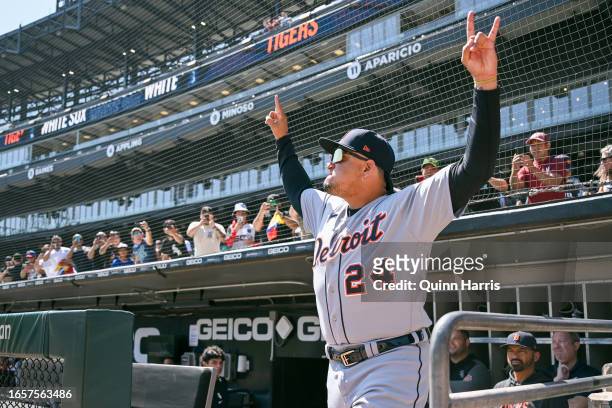 Miguel Cabrera of the Detroit Tigers reacts as his name is called to be honored before the game against the Chicago White Sox at Guaranteed Rate...