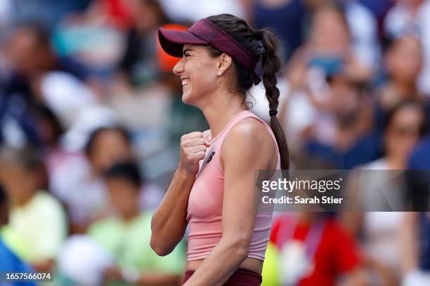 Sorana Cirstea of Romania reacts against Belinda Bencic of Switzerland during their Women Singles Fourth Round match on Day Seven of the 2023 US Open...