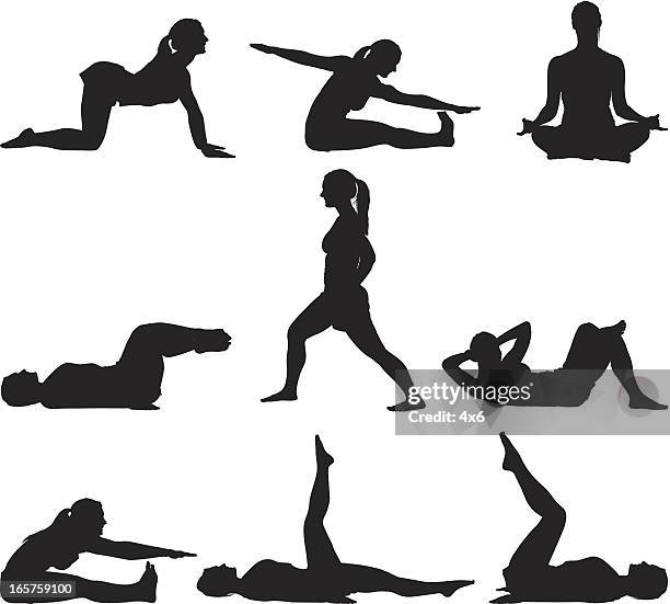flexible woman doing yoga and meditating - lying on back exercise stock illustrations