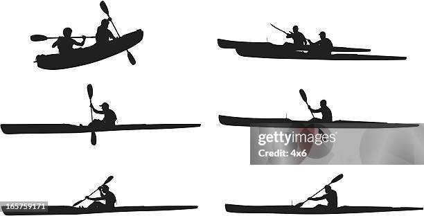 kayaking outdoors men in kayaks - two people rowing stock illustrations