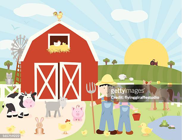 stockillustraties, clipart, cartoons en iconen met happy farm scene - schuur