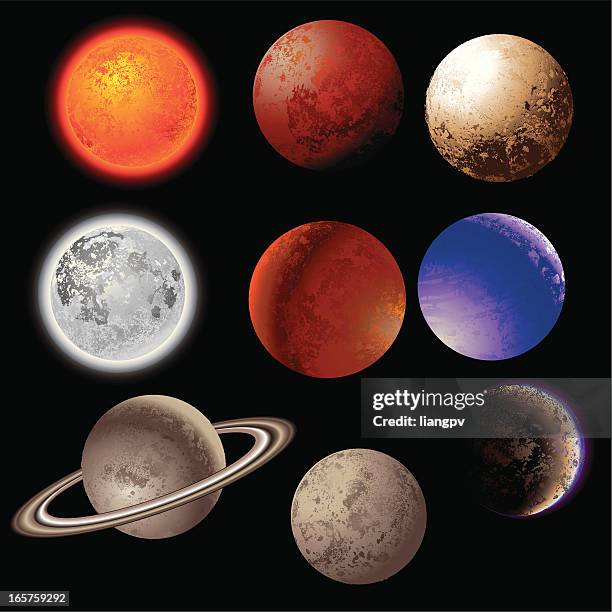 vector illustration of nine planets over a black background - planet jupiter stock illustrations