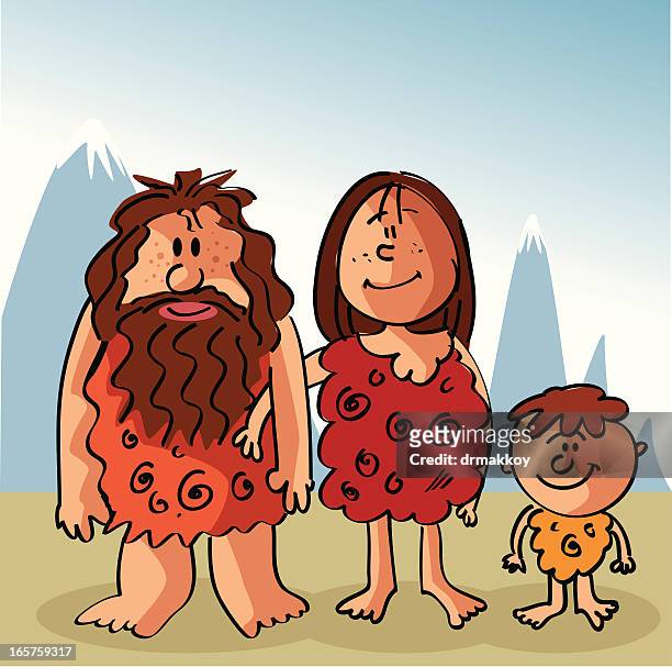 ilustraciones, imágenes clip art, dibujos animados e iconos de stock de caveman y familia - edad de piedra