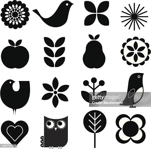 retro nature icon set - black and white flowers stock illustrations