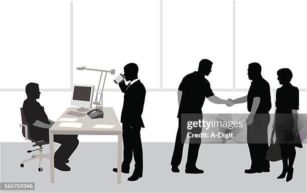 client relations vector silhouette - drinking coffee at work stock illustrations