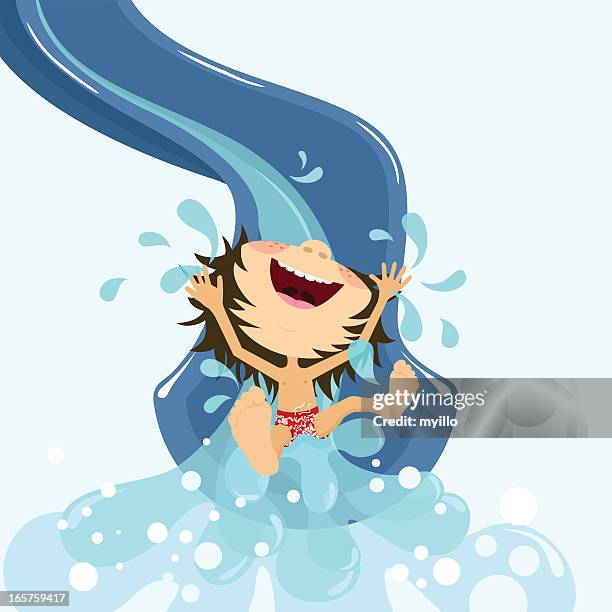 fun sommer. wasserrutsche. glückliches kind schwimmen im pool. - sliding stock-grafiken, -clipart, -cartoons und -symbole