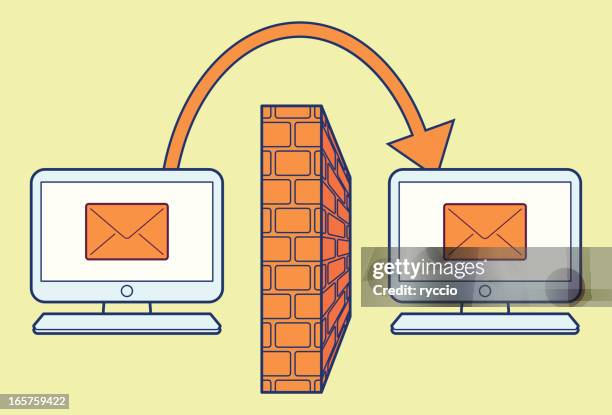 e-mail above wall - brick wall perspective stock illustrations