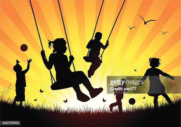 stockillustraties, clipart, cartoons en iconen met happy children playing - touwschommel