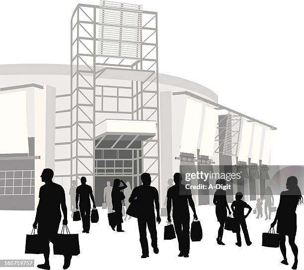 vector silhouette image of shoppers outside a mall vector silhouette - crowded store stock illustrations