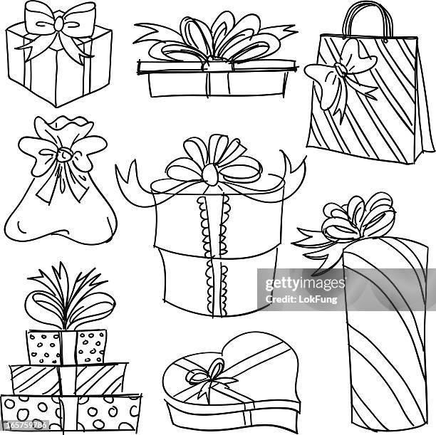 gift boxes collection in black and white - lace ribbon drawing stock illustrations