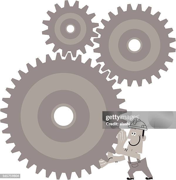 stockillustraties, clipart, cartoons en iconen met worker turn the gears - engineer gearwheel factory