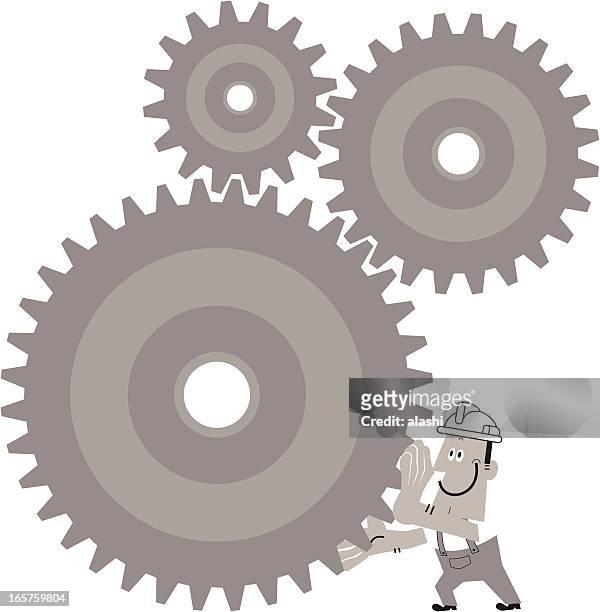 worker turn the gears - engineer gearwheel factory stock illustrations