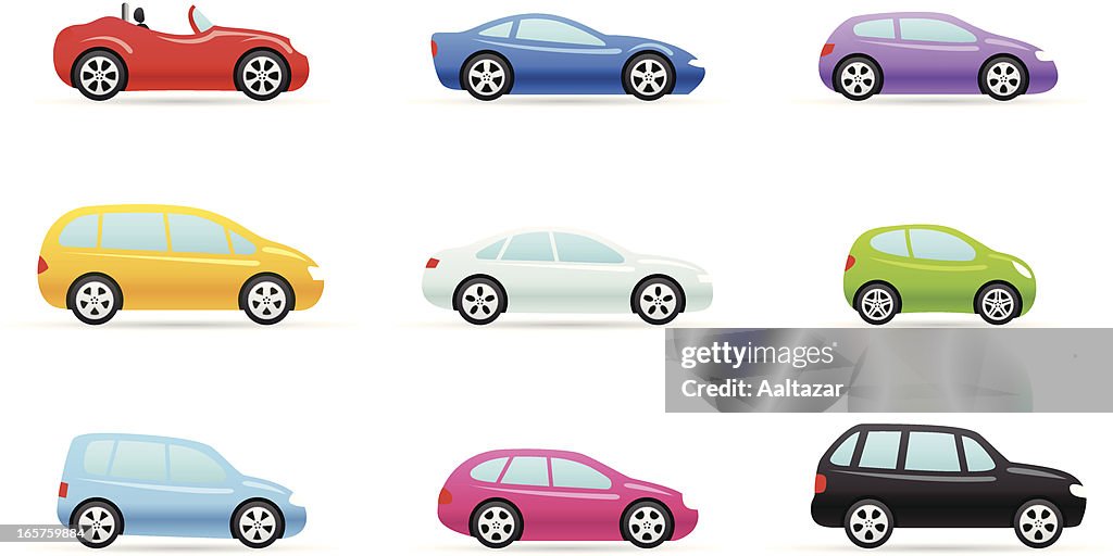 Nine colorful car selection icons in different models