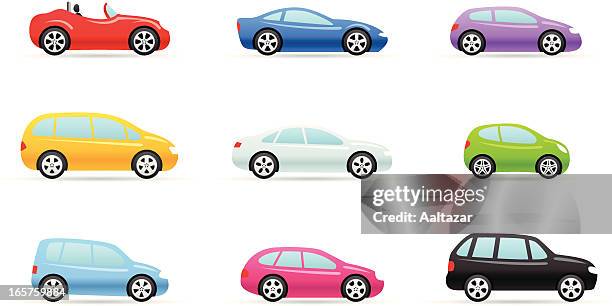 bildbanksillustrationer, clip art samt tecknat material och ikoner med nine colorful car selection icons in different models - hatchback