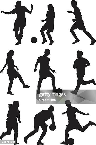 men and women running playing soccer - defender soccer player stock illustrations