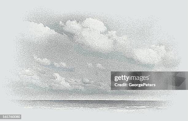 stockillustraties, clipart, cartoons en iconen met seascape and cloudscape etching - etching