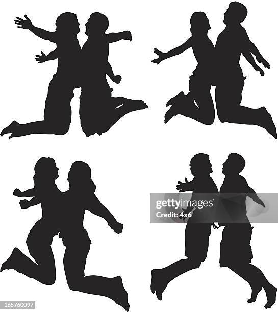 male and female silhouettes jumping chest bumps - chest bump stock illustrations