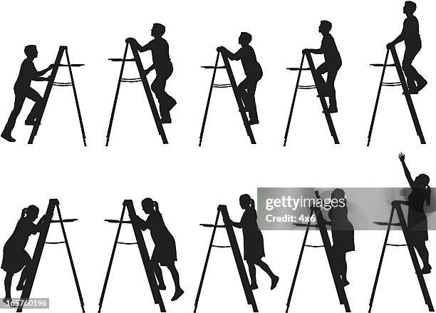 ilustraciones, imágenes clip art, dibujos animados e iconos de stock de los hombres y las mujeres de subir escaleras - clambering