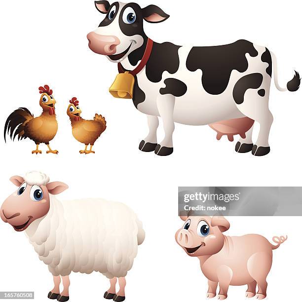 ilustraciones, imágenes clip art, dibujos animados e iconos de stock de gráficos de historieta de pollo, las vacas, las ovejas y cerdos - domestic cattle