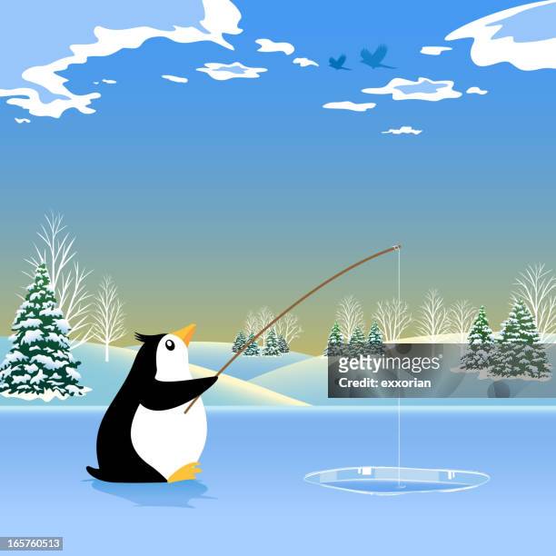 fishing penguin - ice fishing stock illustrations