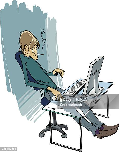 man working on computer - man thinking at computer stock illustrations