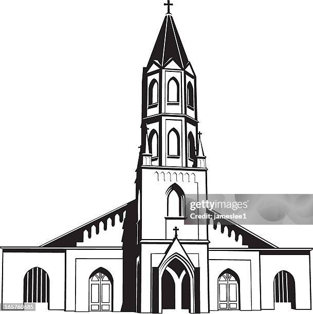 illustrazioni stock, clip art, cartoni animati e icone di tendenza di chiesa cattolica - torre con guglia