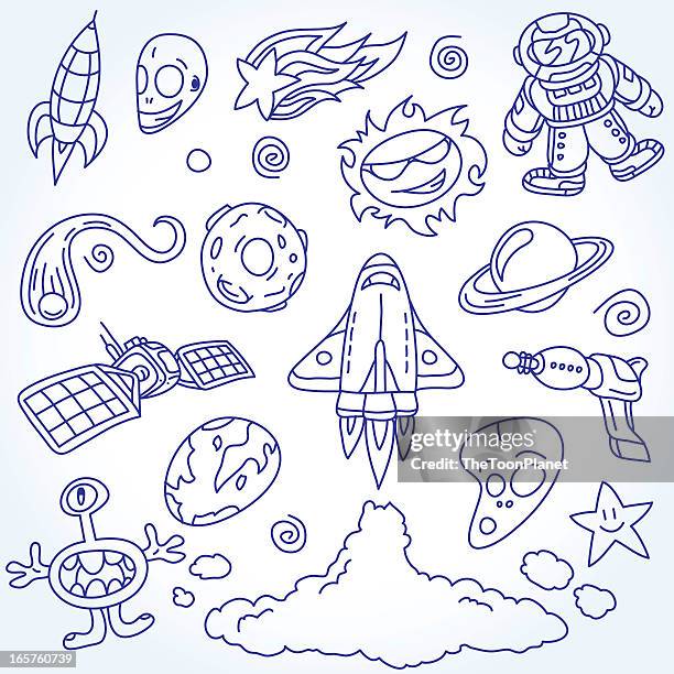 raum kritzeleien set - astronaut vector stock-grafiken, -clipart, -cartoons und -symbole