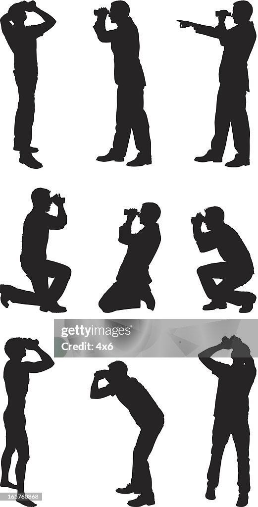 Men in different poses looking through binoculars