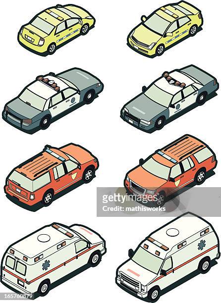 illustrations of emergency vehicles in two sides - three quarter length stock illustrations