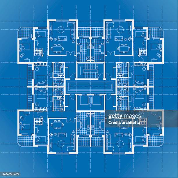 house plan architectural drawing in blue - bedroom no people stock illustrations