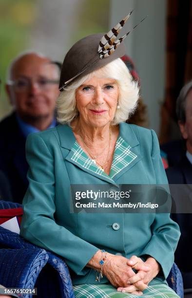 Queen Camilla attends The Braemar Gathering 2023 at The Princess Royal and Duke of Fife Memorial Park on September 2, 2023 in Braemar, Scotland.
