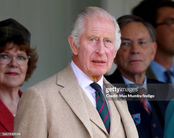 King Charles III attends The Braemar Gathering 2023 at The Princess Royal and Duke of Fife Memorial Park on September 2, 2023 in Braemar, Scotland.