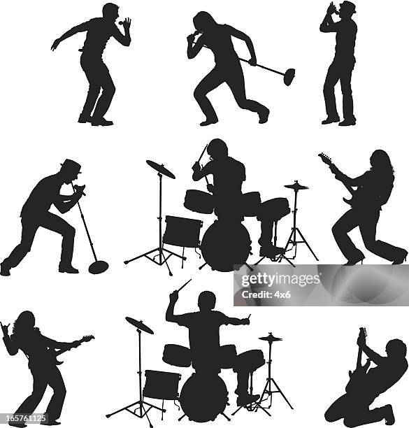 bildbanksillustrationer, clip art samt tecknat material och ikoner med rock band singing playing guitar and drums - underhållningsgrupp