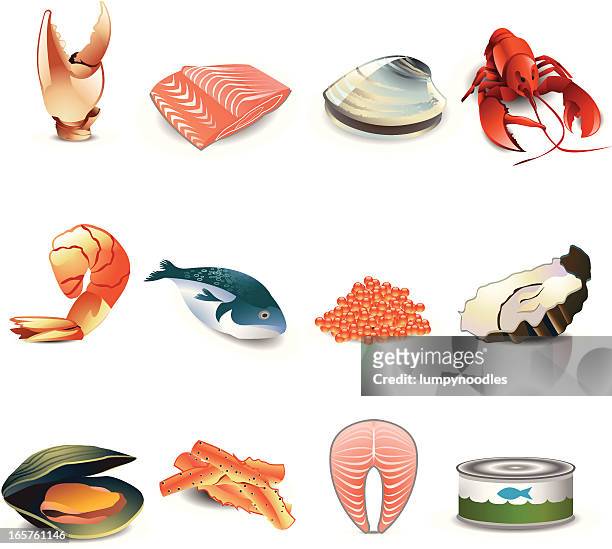 ilustraciones, imágenes clip art, dibujos animados e iconos de stock de iconos de pescados y mariscos - pescado y mariscos