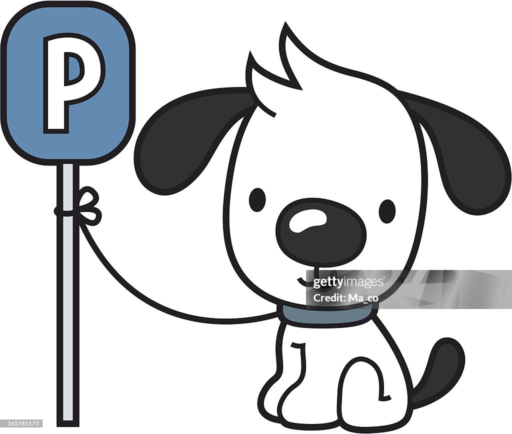 Mulher Cão espera fora Placa de Estacionamento
