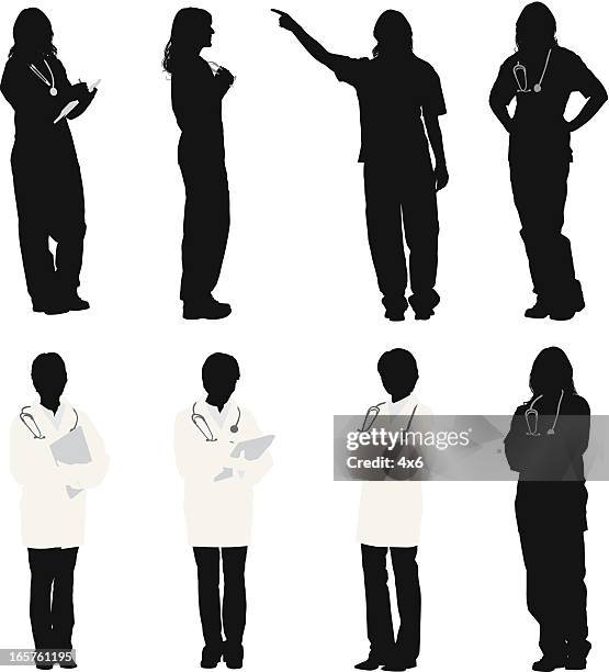 ilustraciones, imágenes clip art, dibujos animados e iconos de stock de mujer médico y enfermeras - silueta