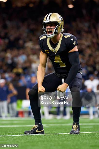 Derek Carr of the New Orleans Saints celebrates after a play against the Tennessee Titans during the second half at Caesars Superdome on September...